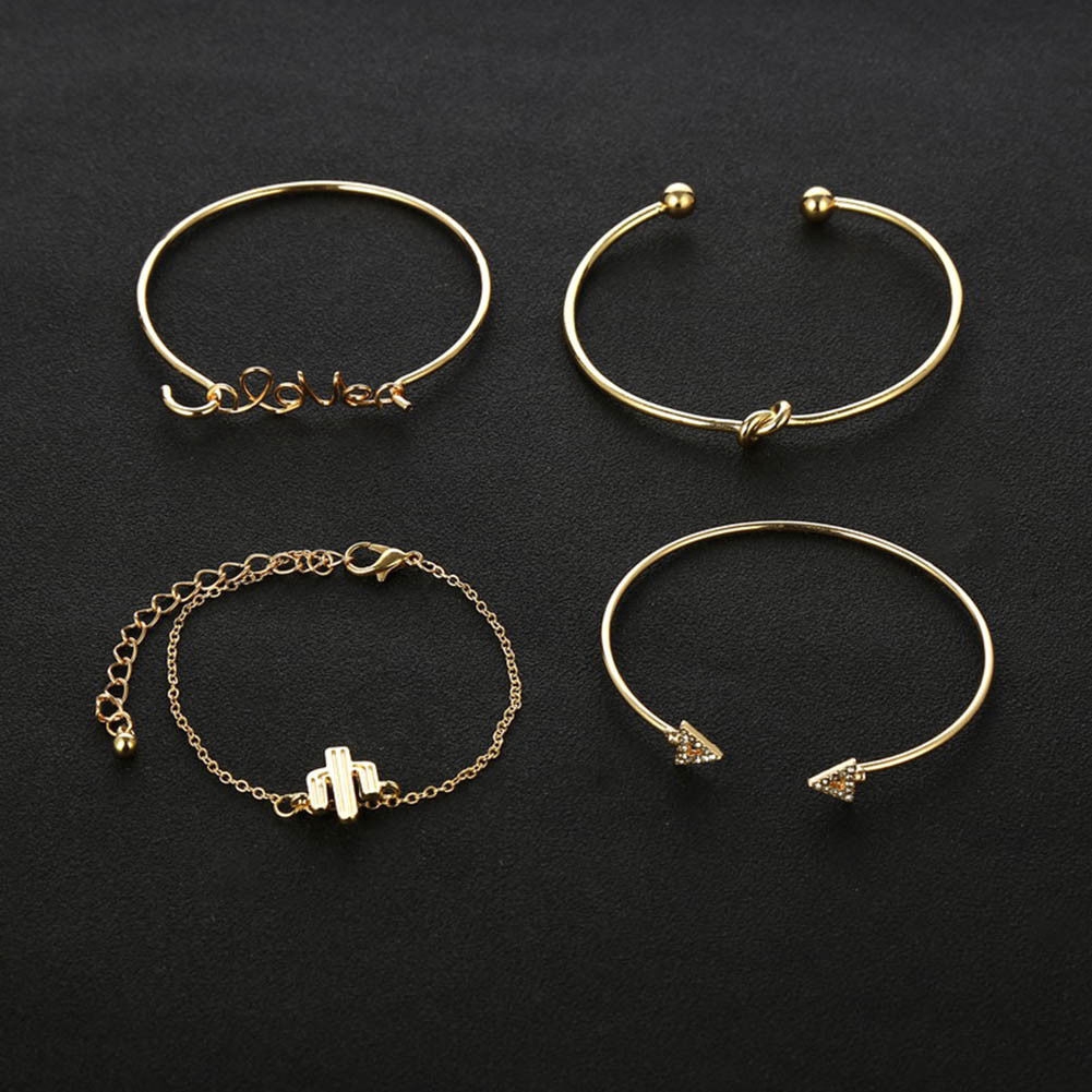 4Pcs/Set Women Gilr Gold Triangle Knot Love Cactus Opening Bangle Chain Bracelet