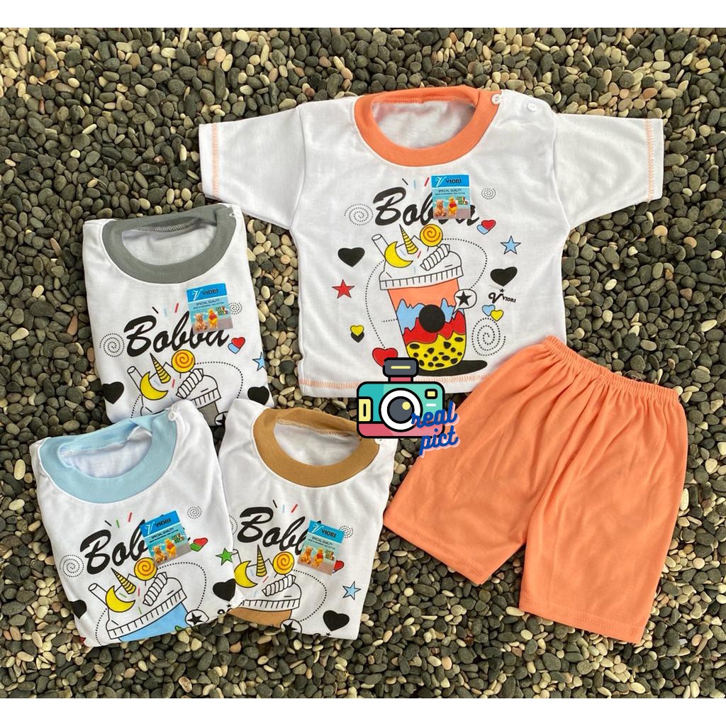 baju bayi lucu murah motif booba setelan PENDEK 3-18 bulan