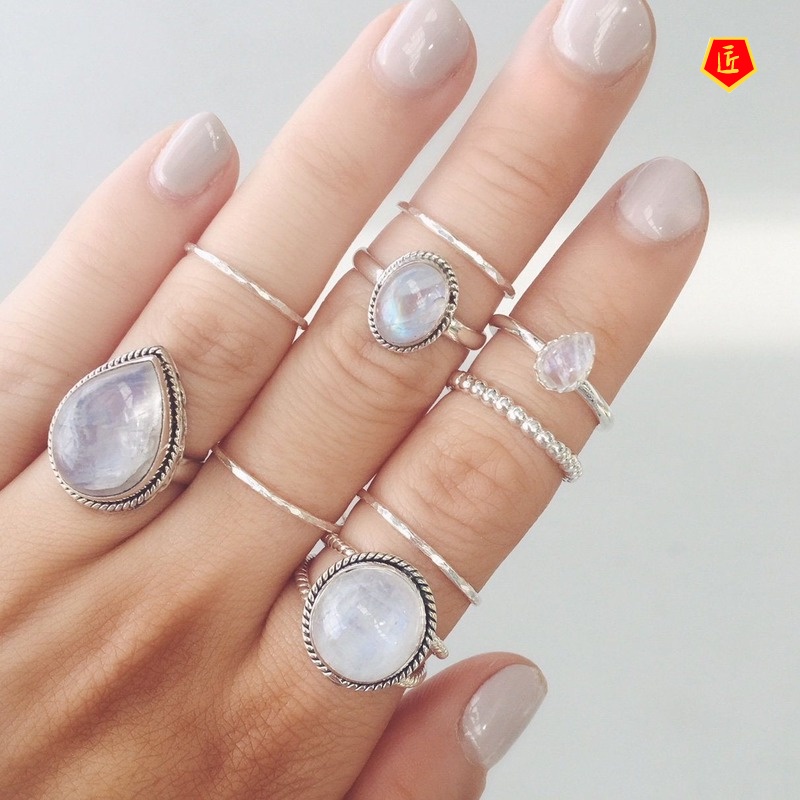 [Ready Stock]Round Moonstone Ring Vintage Silver Exaggerated Punk