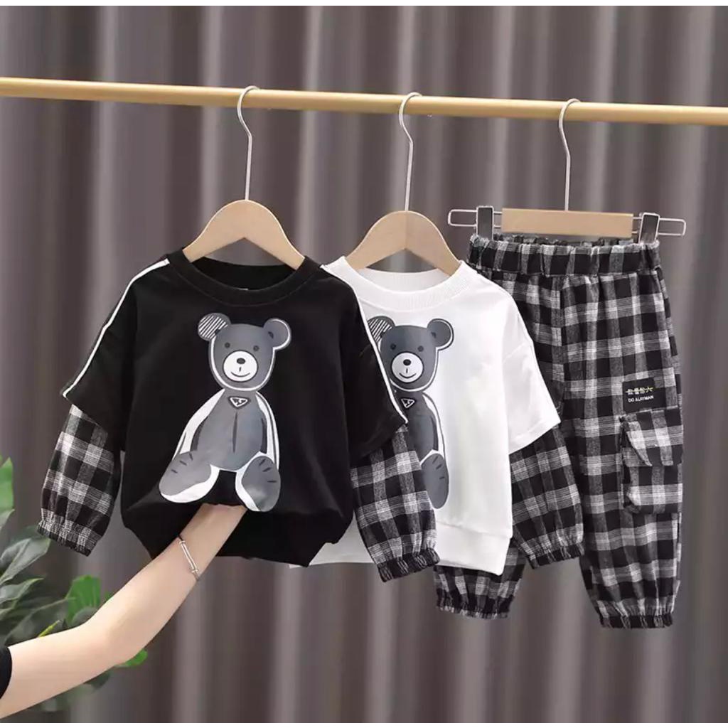 PROMO-SETELAN ANAK BAJU ANAK UMUR 1-5 TAHUN SETELAN BEAR KOTAK SETELAN ANAK LAKI LAKI BAJU ANAK LAKI LAKI PAKAIAN ANAK MASA KINI TERLARIS