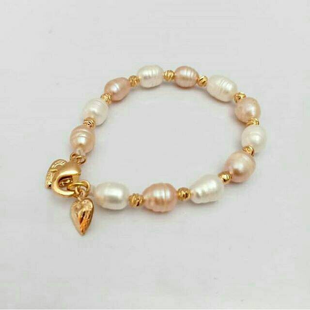 Gelang rhodium putih peach mutiara tawar cantik