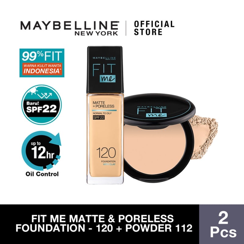 Maybelline Fit Me Matte Poreless Liquid Foundation 120 + Fit Me Oil Control Powder 112-Bedak Make Up