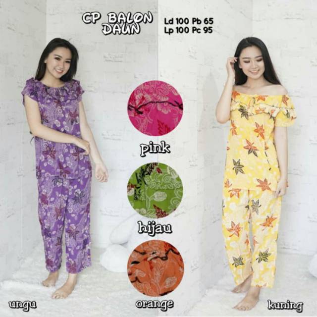 Piyama baju stelan cp balon motif daun | Shopee Indonesia