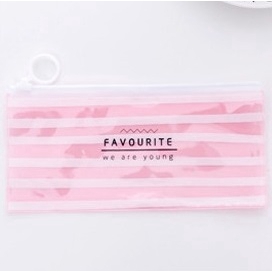 TEMPAT PENSIL ZIP TRANSPARAN MOTIF KARAKTER LOVE TEMPAT KOSMETIK ZIPPER KOTAK PENSIL MURAH IMPORT-D. PINK - GARIS