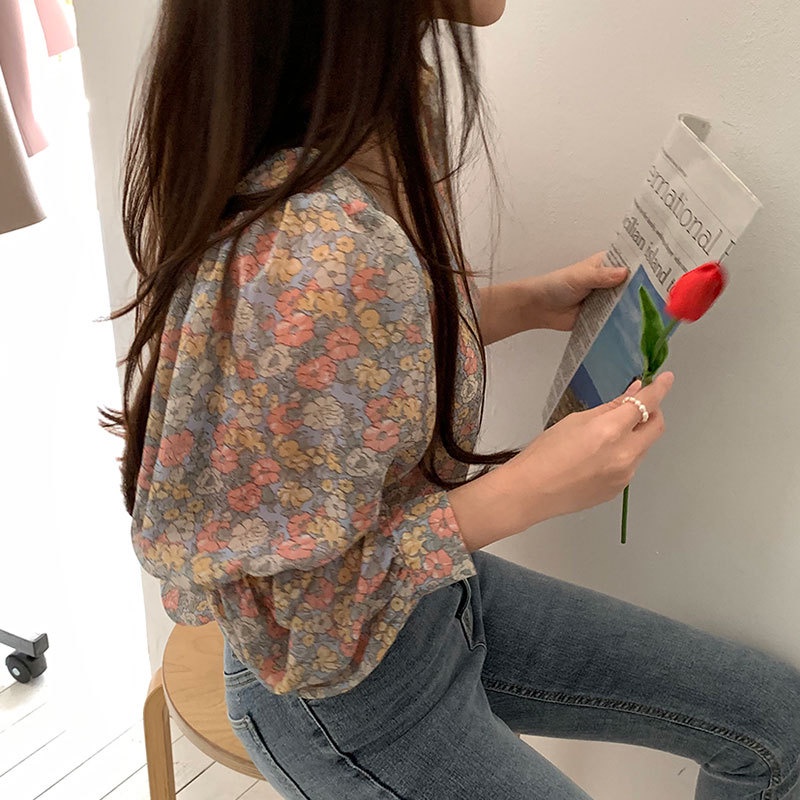 #Sisjuly# Wanita Musim Gugur Kemeja Bunga Manis Retro Leher Persegi Lengan Panjang Kemeja Longgar Ch