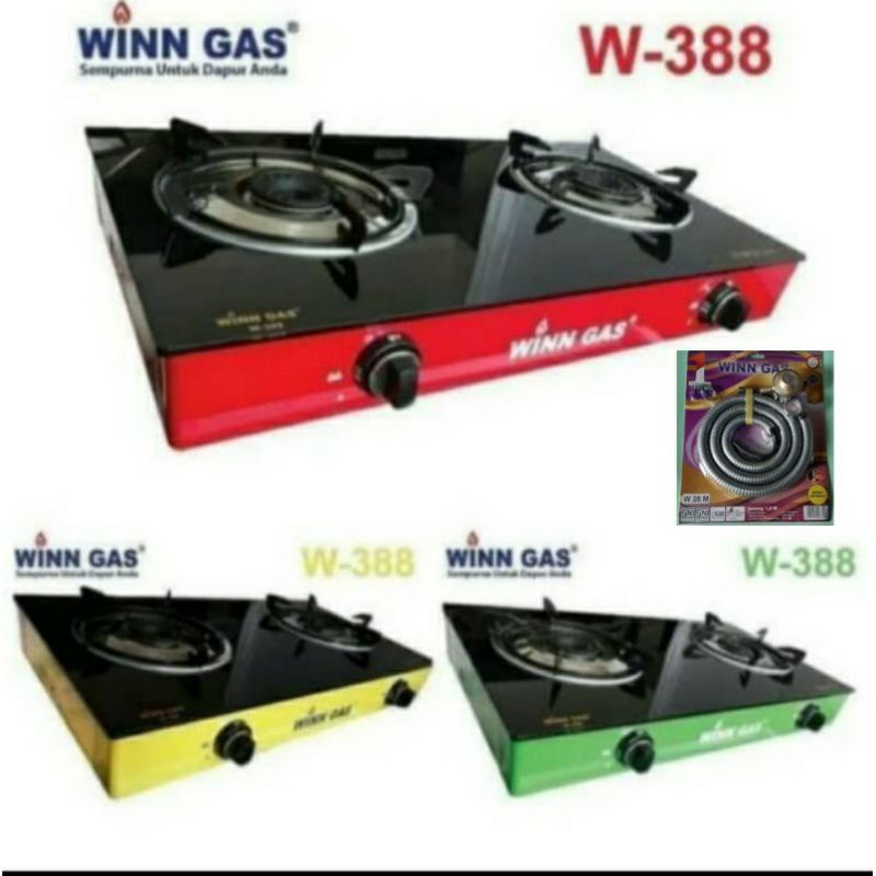 Winn Gas , W 388 , Win Gas , Kompor Gas Kaca , 2 Tungku + Selang