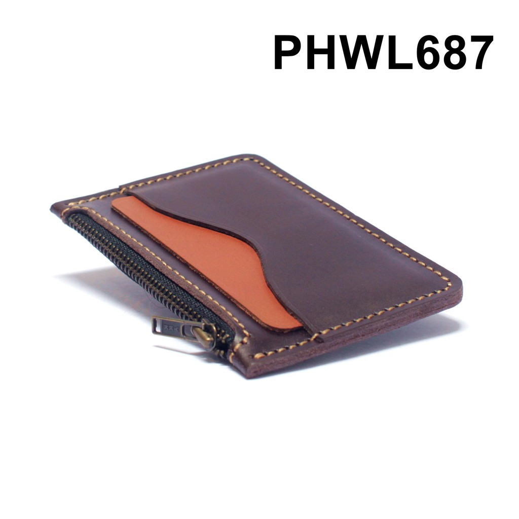 dompet kartu zipper resleting kulit asli coklat tan - PHWL687