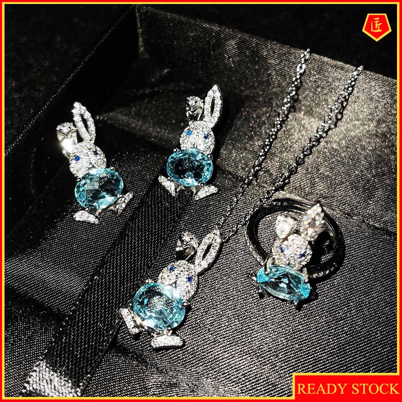 [Ready Stock]Micro-Inlaid Diamond Cute Rabbit Stud Earrings Topaz Pendant Suit