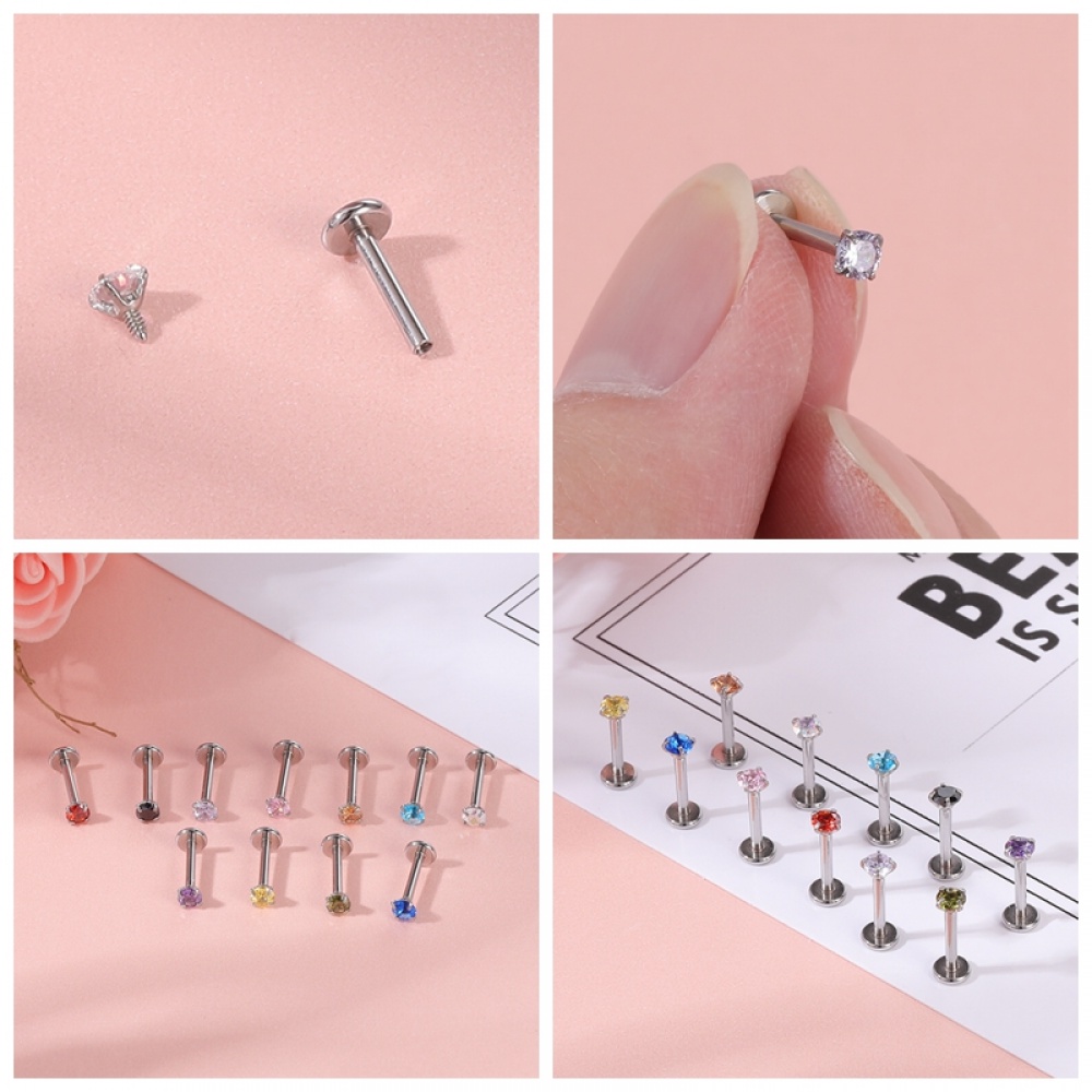 4-24pcs / lot Anting Stud Helix Tulang Rawan Bentuk Bulat Aksen Kristal Bahan Stainless Steel Ukuran 3 / 4 / 5 / 6MM