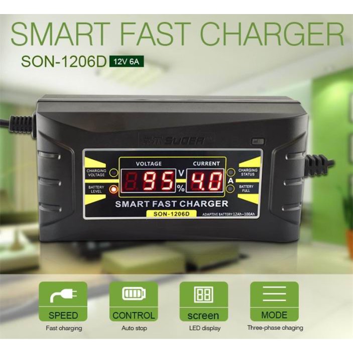 Charger Aki Mobil Wet Dry Lead Acid Digital Smart Battery Charger 12V6A - SON-1206D - OMRSG9BK Black