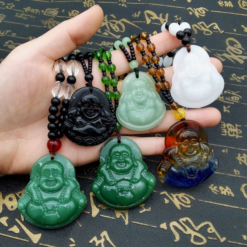 Kalung Buddha Guanyin Giok Imitasi Hadiah Acara Warung Meeting Maitreya Buddha Necklace