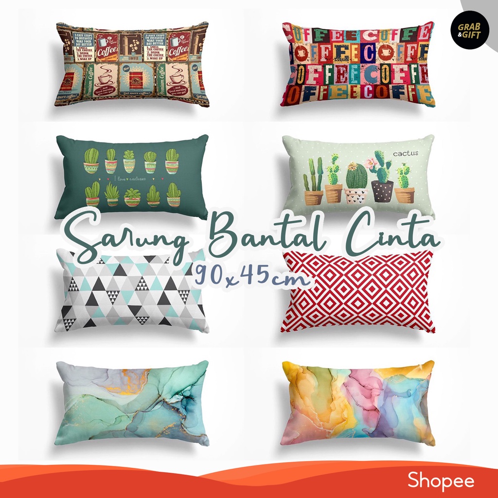 SARUNG Bantal Tidur Panjang Cinta 90 x 45 cm Motif Kaktus / Cactus / Coffee / Kopi / Marble / Abstrak / Daun / Flamingo Cover