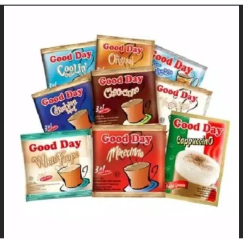 

GOOD DAY MOCCACINNO GOOD DAY CAREBIAN NUT GOOD DAY VANILLA LATTE GOOD DAY COOLIN GOOD DAY CHOCOCINNO GOOD DAY CAPPUCCINO