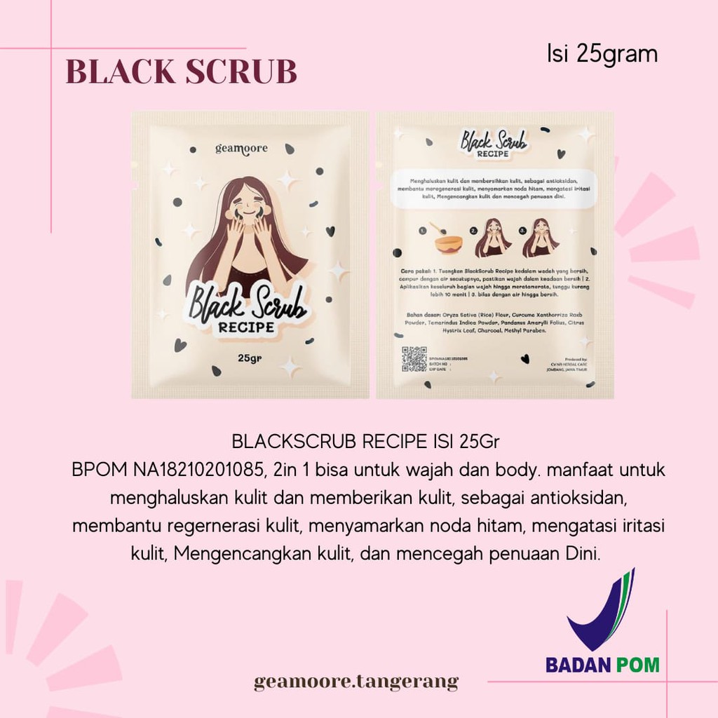 PROMO HABISIN STOK (BPOM) GEAMOORE BLACKSCRUB RECIPE / BLACKSCRUB LULUR BEDDA LOTONG ISI 25GR