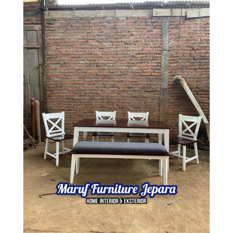 Set Kursi Meja Makan Minimalis K4 + Stool Kain Oscar Brown