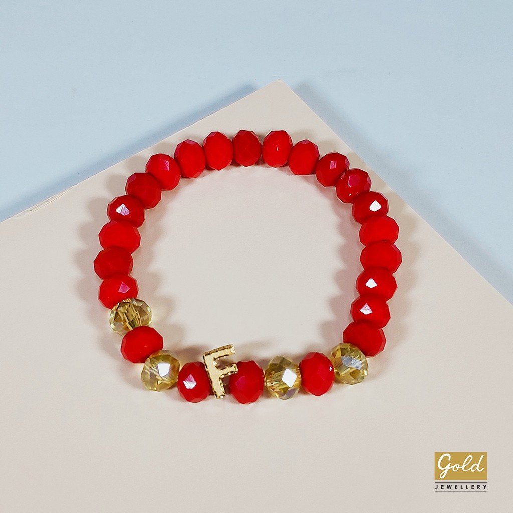Gelang tali emas kuning kadar 700 70% charm inisial F bsr batu merah