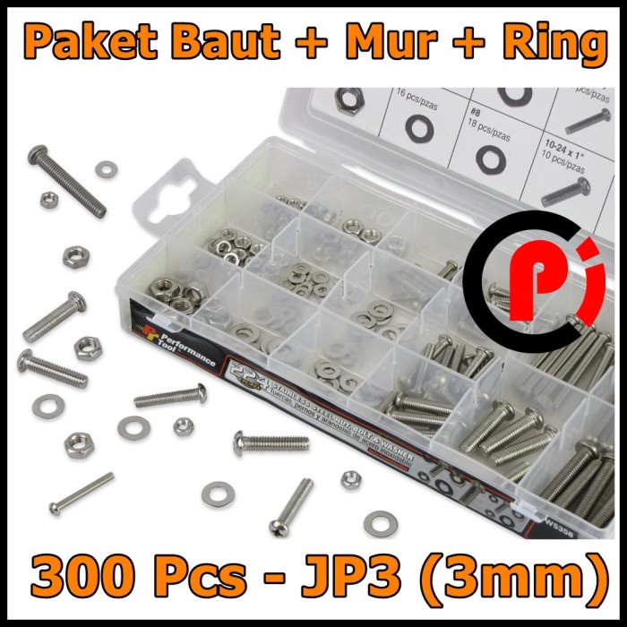 Per Set 300Pcs Baut Mur Ring JP3 3mm Banyak Ukuran Plus Box Penyimpan
