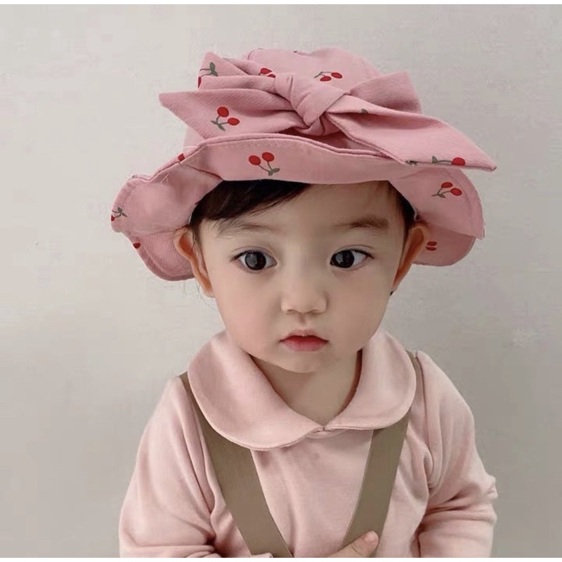 Topi Bucket Anak Bayi Balita Perempuan  Model Pita Cherry