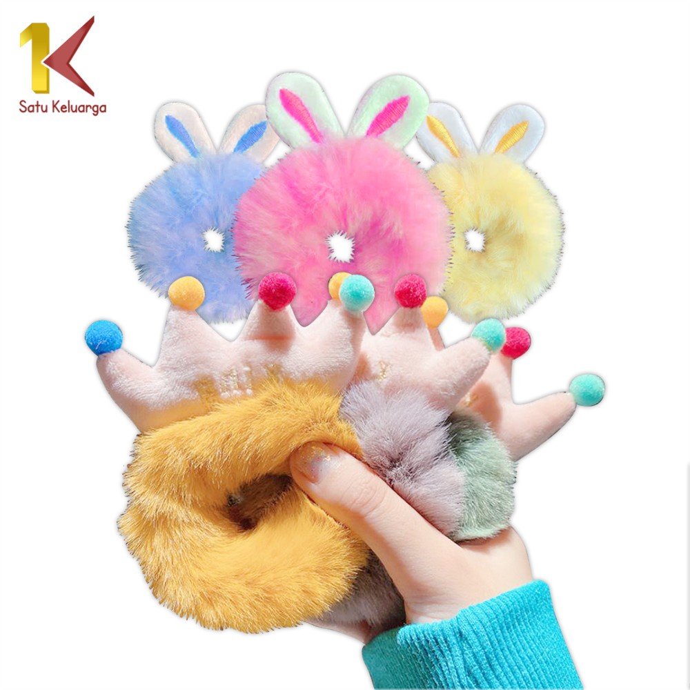 Satu Keluarga Ikat Rambut Scrunchie C339 Kunciran Rambut Anak Perempuan Bentuk Kelinci dan Crown Luc