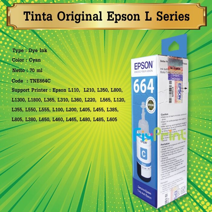 Tinta Epson Original 664 t6642 Cyan- Tinta Refill Epson L210 L110 FPS2137