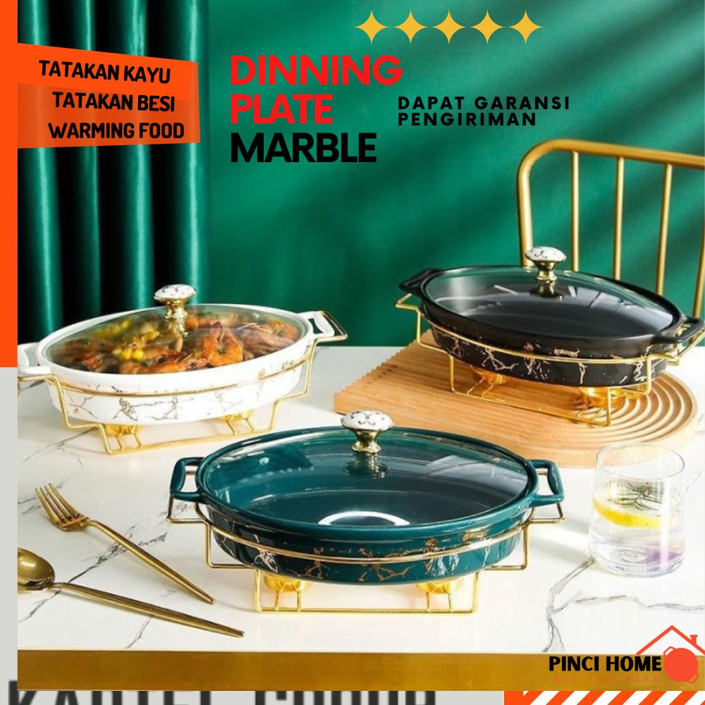 HOME Serving Plate Wadah Saji Keramik Marble Bonus Tatakan Gold Rack Penghangat
