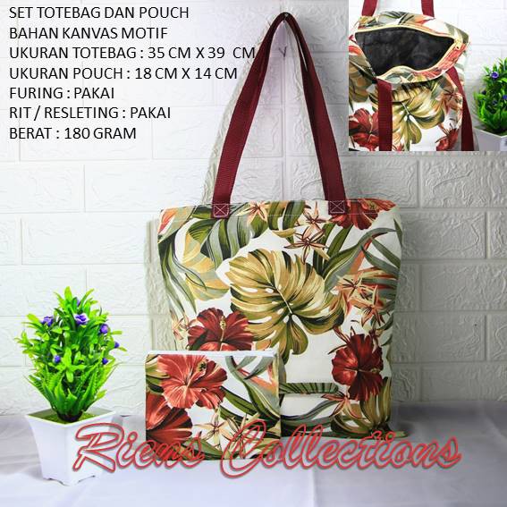 RIENS COLLECTIONS. SET TOTEBAG DAN POUCH KANVAS MOTIF BUNGA SEPATU