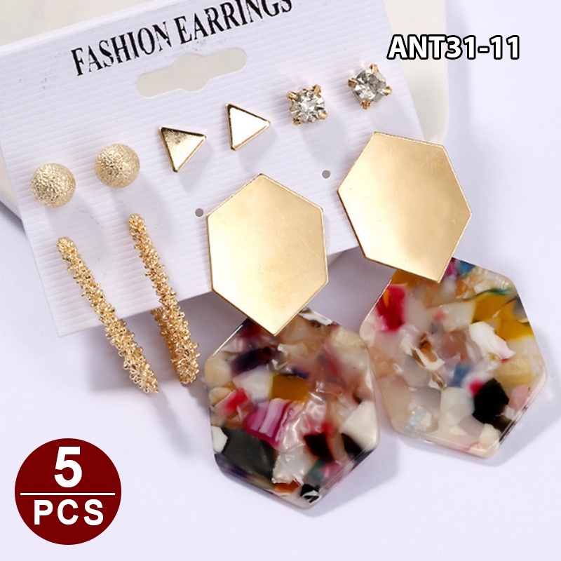 1set 6pasang Anting Wanita korea GIWANG Tusuk Gantung Bohemia Desain Geometri Hias Rumbai Alloy Wanita ANT31-ANT31-11