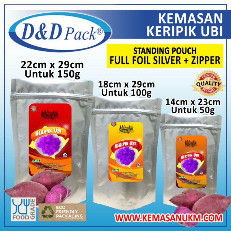 Jual Kemasan Keripik Ubi Standing Pouch Full Foil Silver + Zipper
