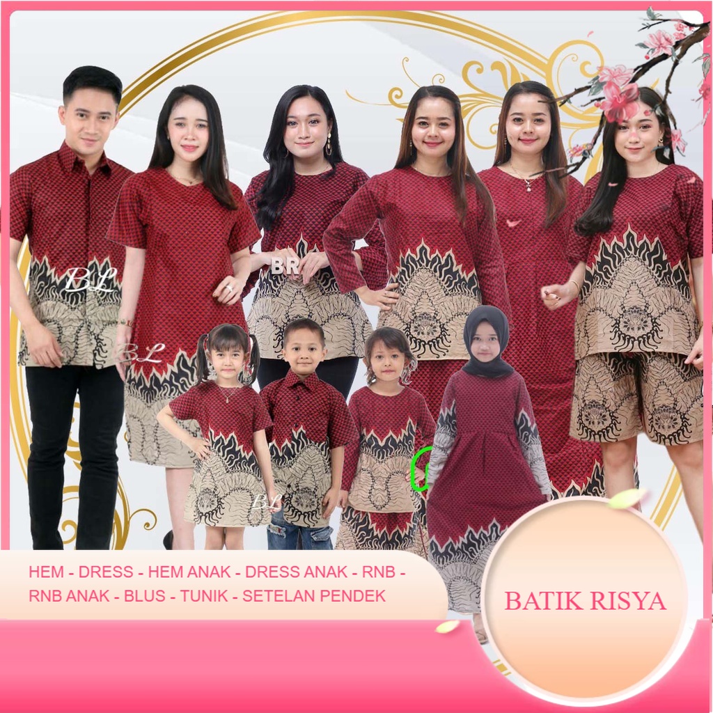 Pakaian Keluarga Risya - Ibu Bapak Anak - Motif Geni Mowo Warna Merah Marun - Dress Tunik Blus Hem K