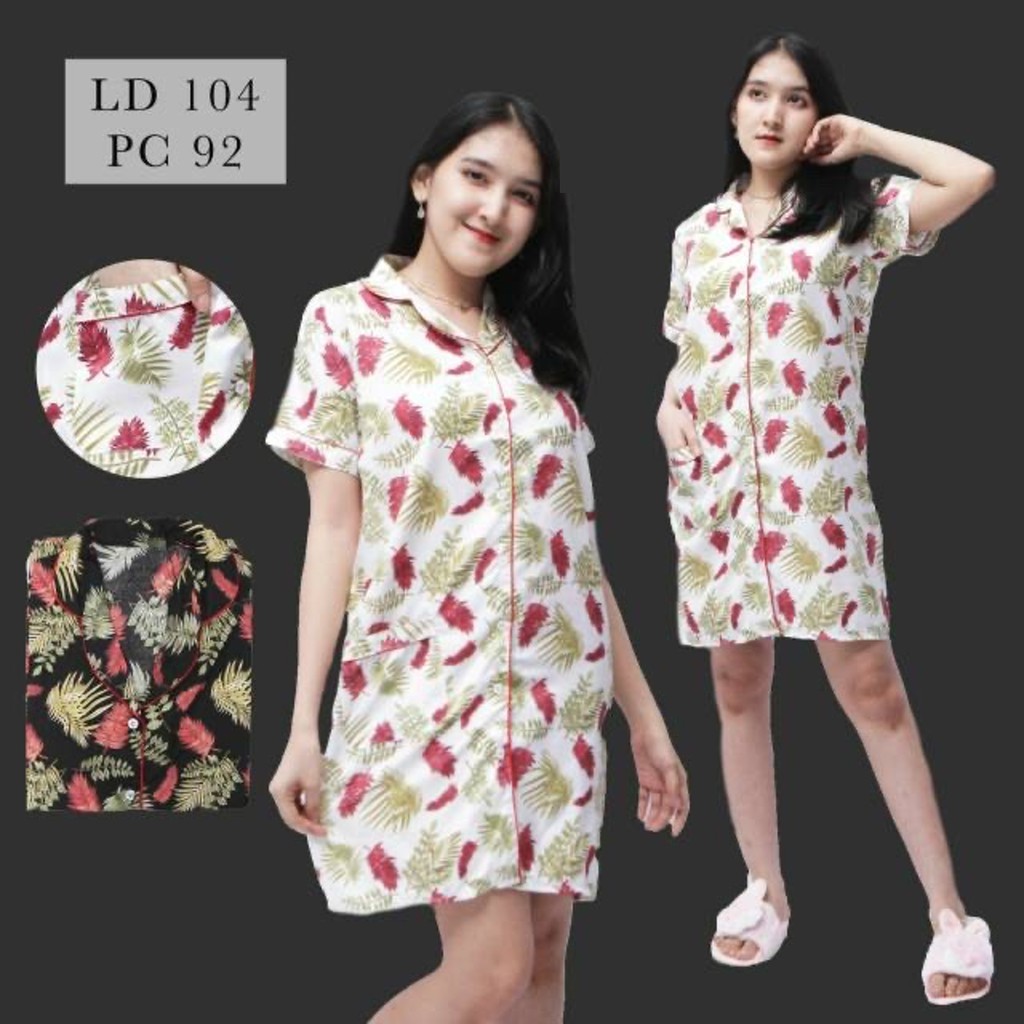 Daster Piyama Lengan Pendek panjang selutut motif daun putih