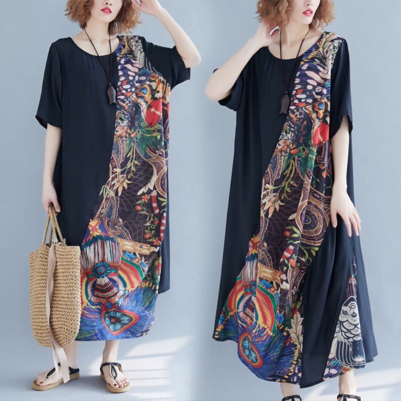 73006 Baju Maxi dress gaun terusan loose motif  Korean style wanita import baju Maxi dress gaun pest