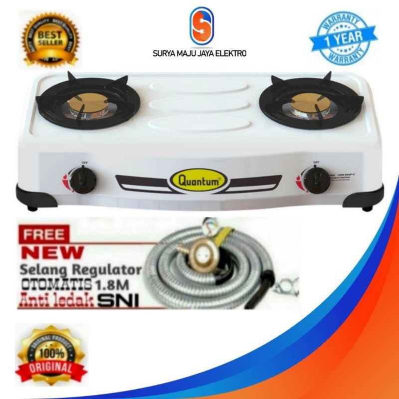 kompor gas 2 tungku Quantum kuningan plus selang regulator paket SNI