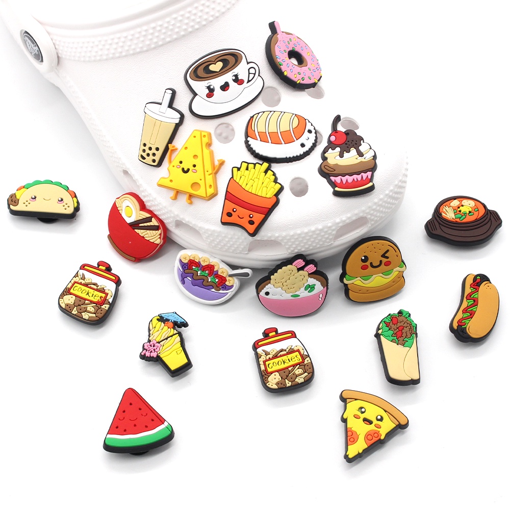 Jibbitz shoe charms Crocs Pin Makanan Hamburger/Kentang Goreng/Minuman Sandal decorate Lubang Sepatu accessories Motif Kartun DIY imut gesper sepatu Bahan