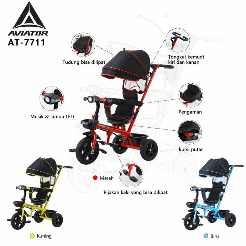 KHUSUS LUAR KOTA - Sepeda Roda Tiga Aviator AT 7711 Kursi Putar Musik Lampu LED Baby Tricycle