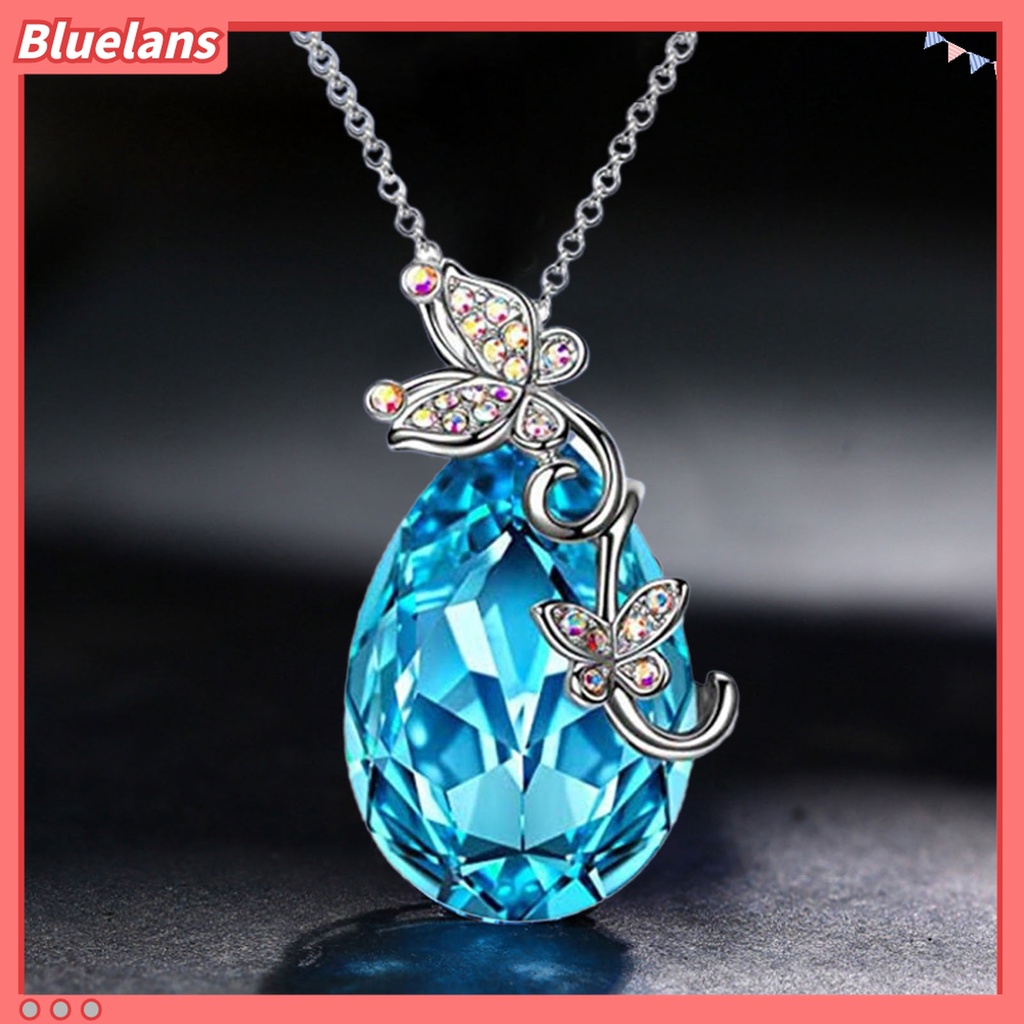 Kalung Rantai Desain Butterfly Waterdrop Aksen Kristal Imitasi Warna Biru Bahan Silver Plated Untuk Wanita