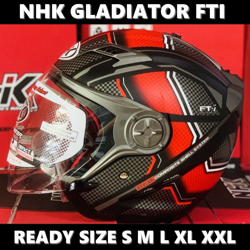 Helm NHK Gladiator FTI Black Red Doff Hitam Merah Dop Double Visor Half Face