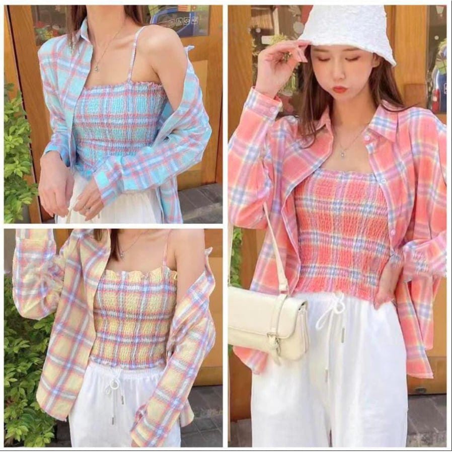 LIONAKA SET 2IN1 - Setelan Tanktop & Kemeja - Set Wanita Kotak Kotak