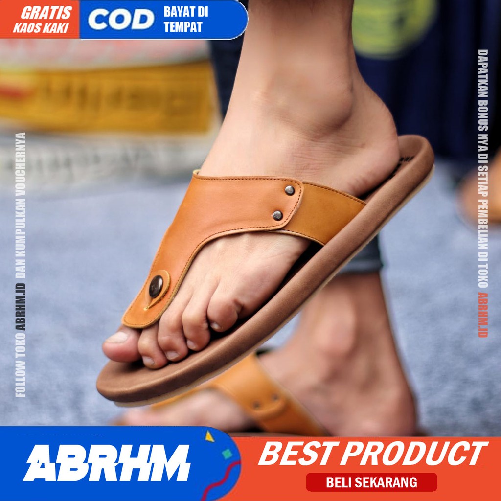 ABRHM x CLOVER Sandal Jepit Pria Sandal Pria Kulit Asli Sandal Japit Cowok / Cowo Keren Ori Kekinian