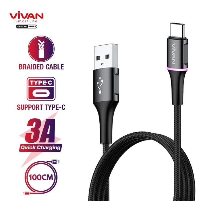 Vivan Kabel Data VDC100 Data Cable USB-C 3A LED Light Quick Charge Type-C Garansi Original Resmi