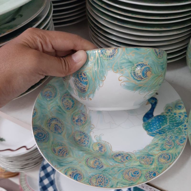 [SET] MERAK SALAD PLATE N BOWL PIRING MANGKOK MANGKUK KERAMIK SANGO MOTIF MERAK PEACOCK DEKOR HIAS