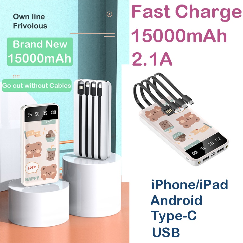 Power Bank 15000mAh LED Display LED Light 2.1A Fast Charging Portable Charger 4 Charger Cable iPhone