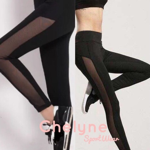 Celana Sport Panjang Tile Samping / Celana Legging Olahraga Jaring Samping Transparan Size M L T1716