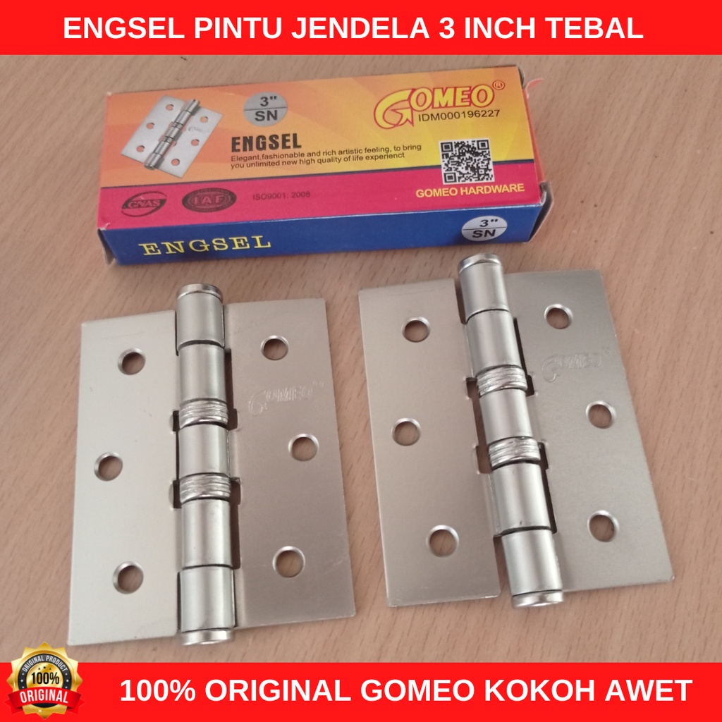 Engsel Pintu Jendela 3 Inch Tebal Merek GOMEO Engsel Pintu Rumah Lemari 3&quot; Inchi Kuat Awet Warna Satin Putih Silver