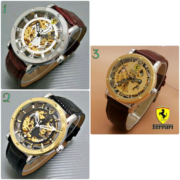 jam tangan pria cowok ferrari skeleton kulit leather automatic