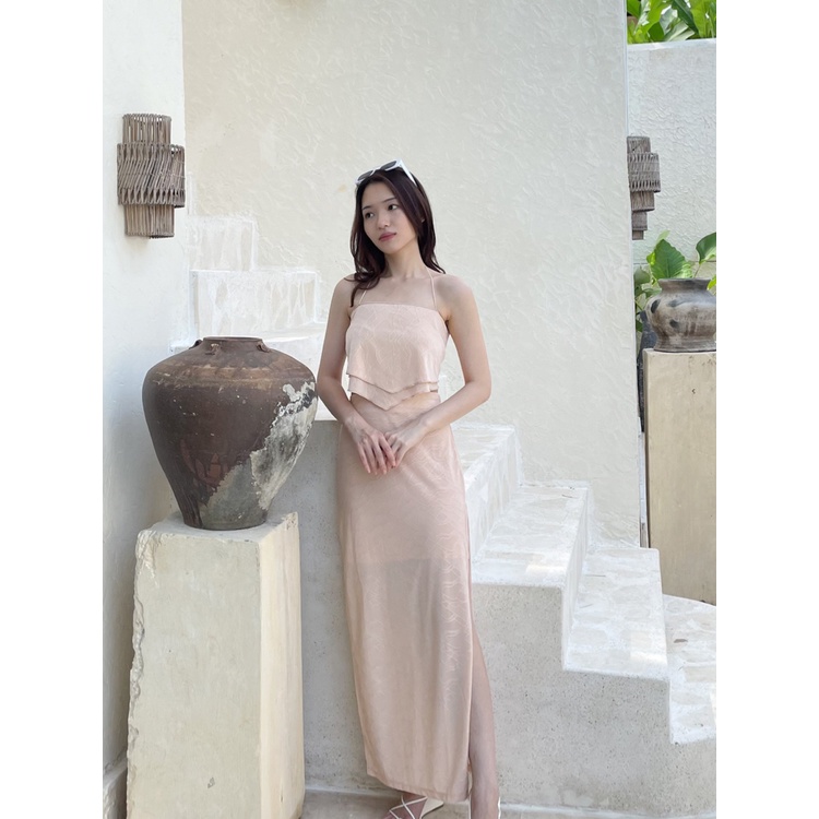 Kadaka S-0195 Set Embroidery Cotton Midi Skirt and Scarf Top