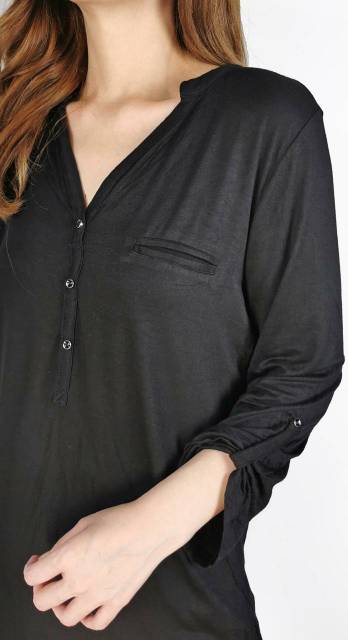 max big size solid black soft cotton roll sleeve tunic blouse