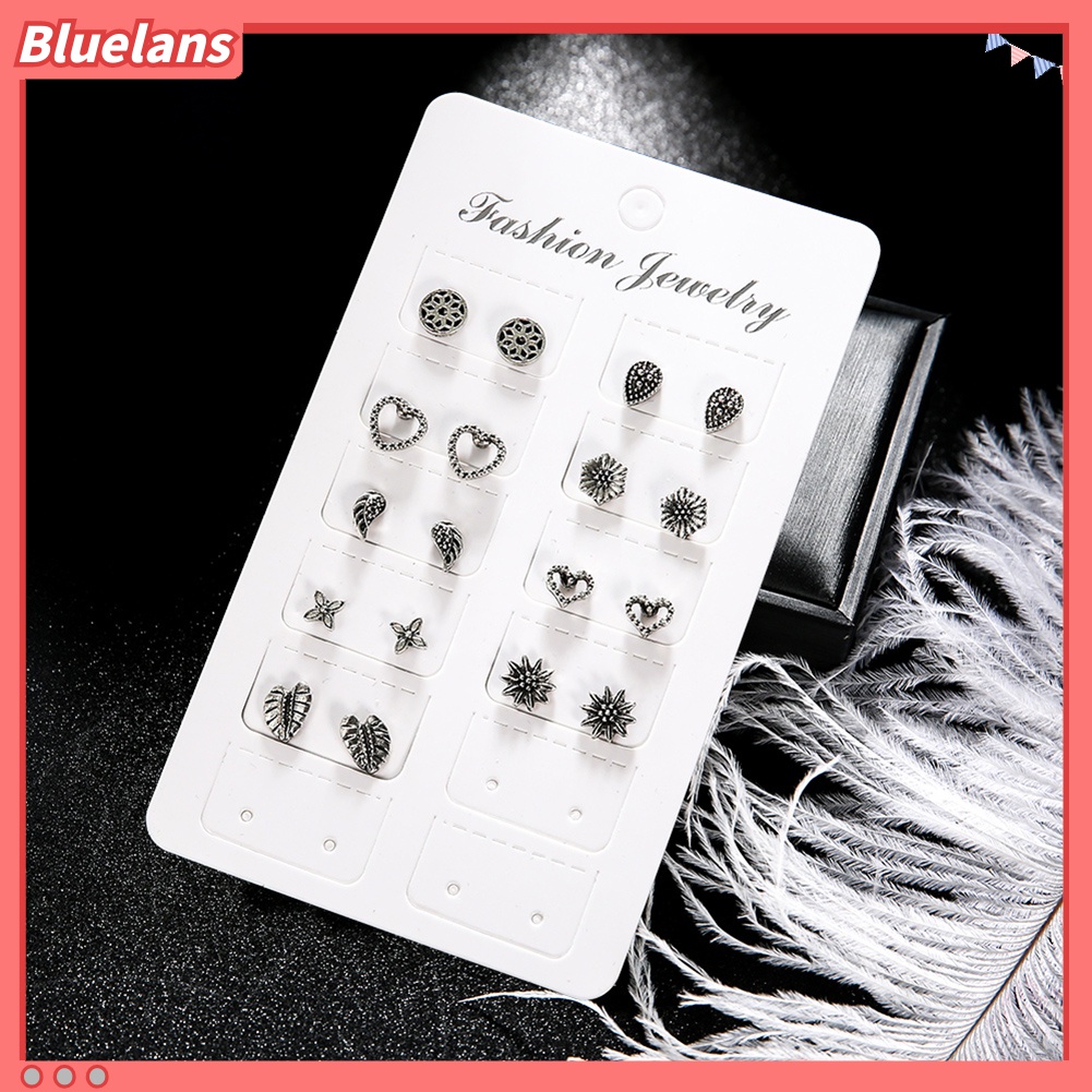 9 Pasang / Set Anting Stud Desain Hati Daun Bunga Gaya Retro Bohemia Untuk Wanita