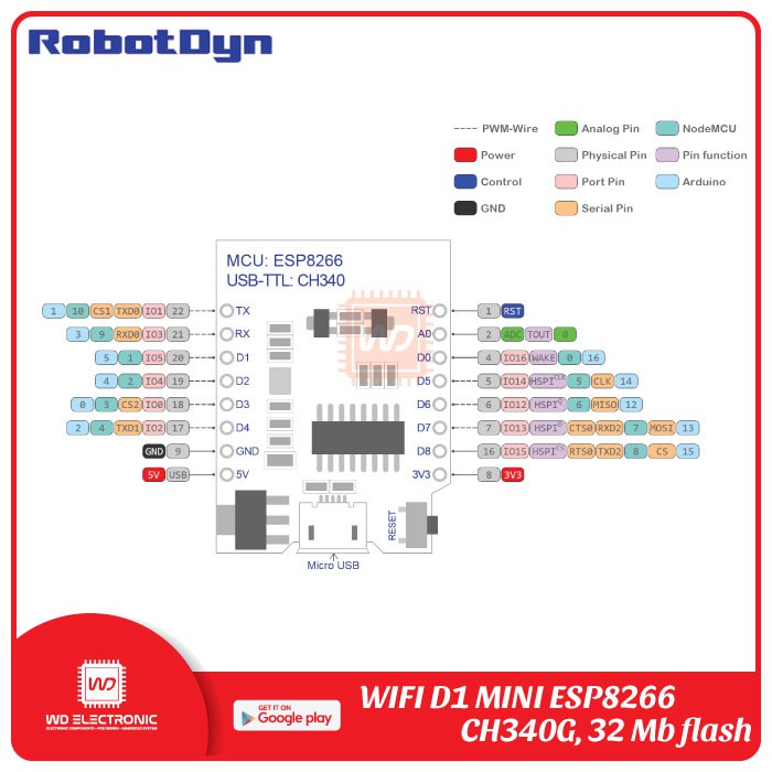 RobotDyn WIFI D1 Mini ESP8266 CH340G 16MB 32MB like Wemos D1 Mini CH340G