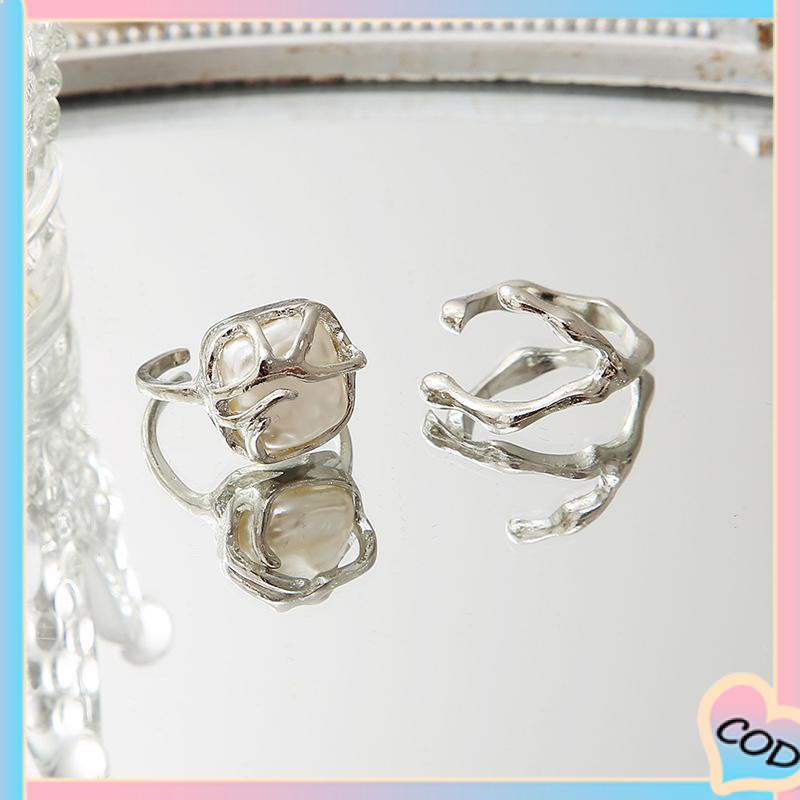 COD❤️ 2PCS Kreatif Sederhana Temperamen Pembukaan Mutiara Tidak Teratur Cincin Dapat Disesuaikan-A.one