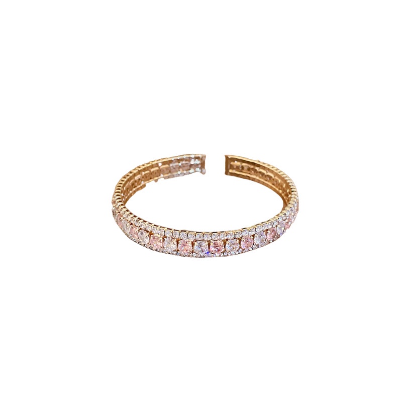 Gelang Model Terbuka Bahan Metal Aksen Berlian Zirkon Bentuk Geometris Warna Pink